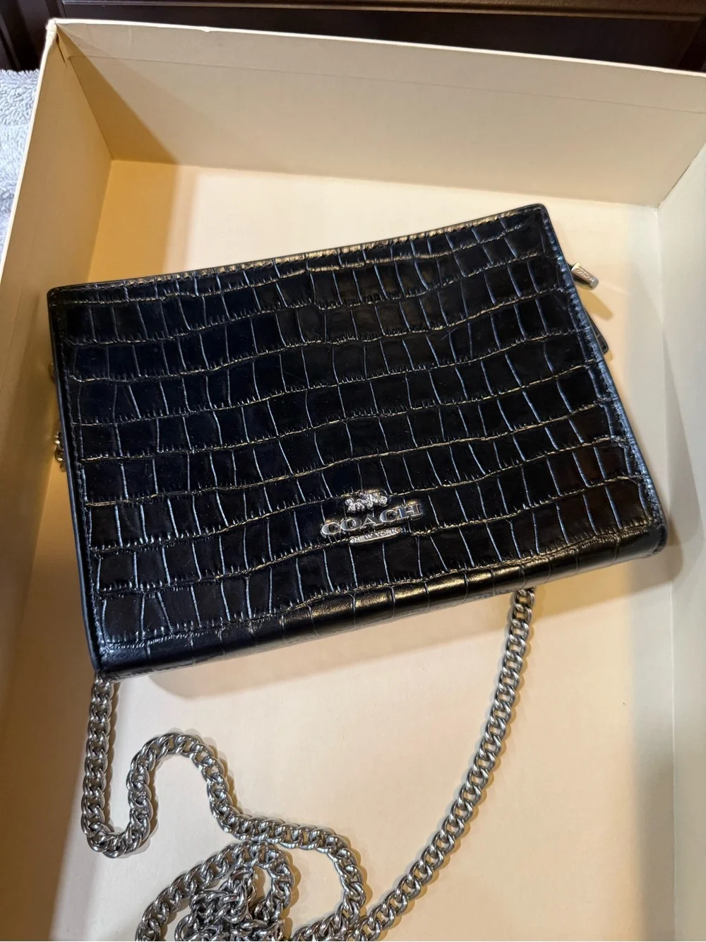 Coach Black Croc-Embossed Leather Chain Crossbody Bag